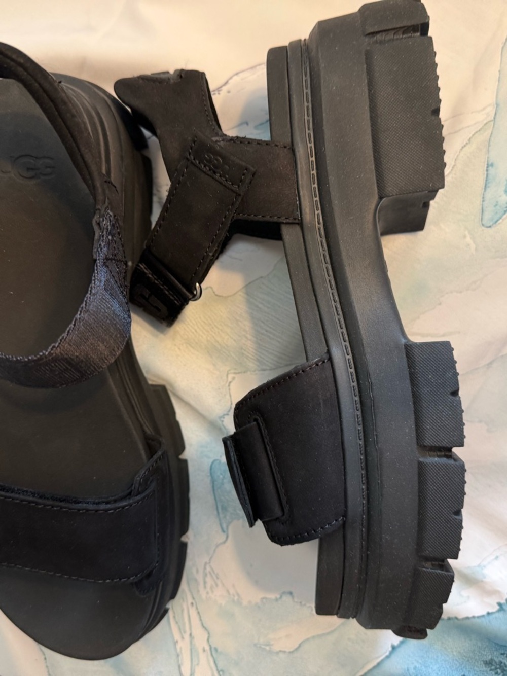 UGG Platform Leather Sandals Adjustable Hook & Loop Straps Black Women's 8.5 - Picture 3 of 7